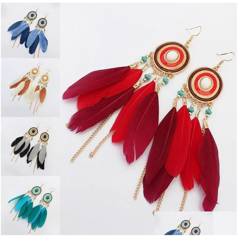 bohemian fashion womens feather tassels long chain dangle earrings romantic female ornaments earrings