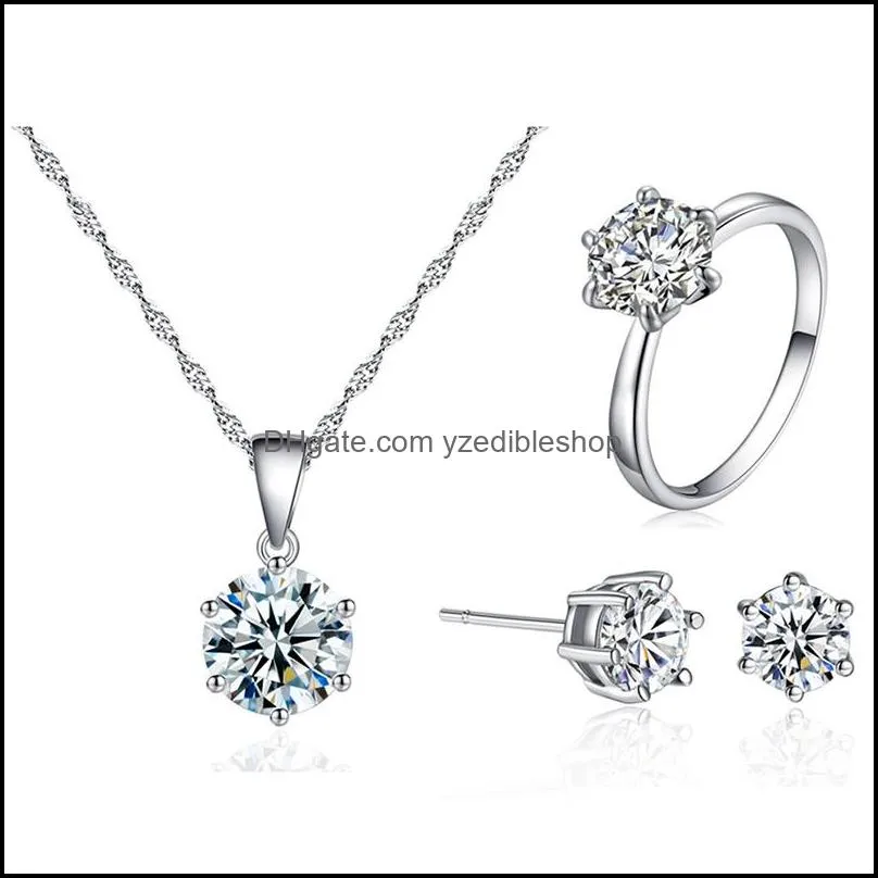 fashion silver bridal jewelry sets for women accessory cubic zircon crystal necklace rings stud earrings set gift
