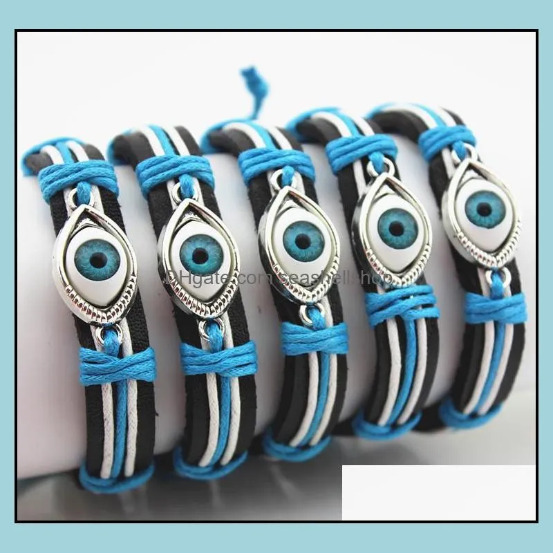 2017 fashion unisex leather weave bracelets women turkey blue evil eye charm bracelets for mens pu leather rope chain diy jewelry