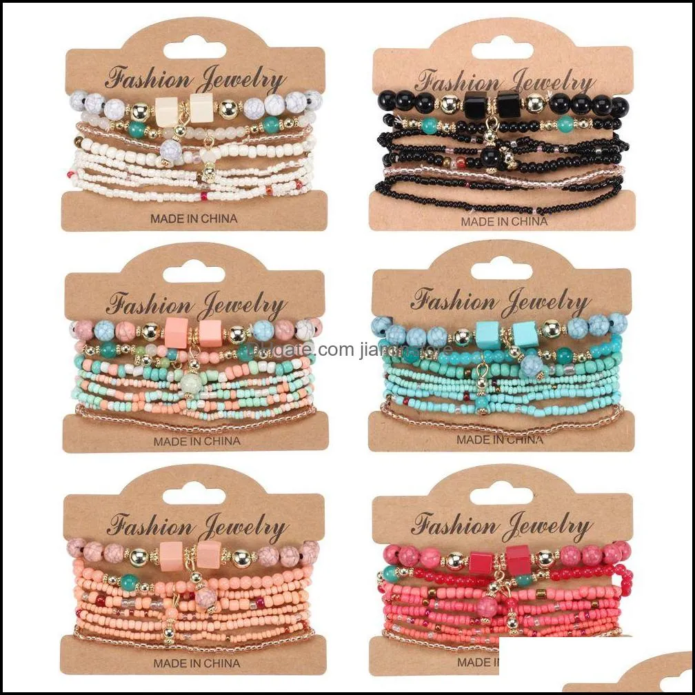 fashion elastic multilayer crystal stone beads strands tassel charms bracelets boho bracelet for women gift 8pcs/set