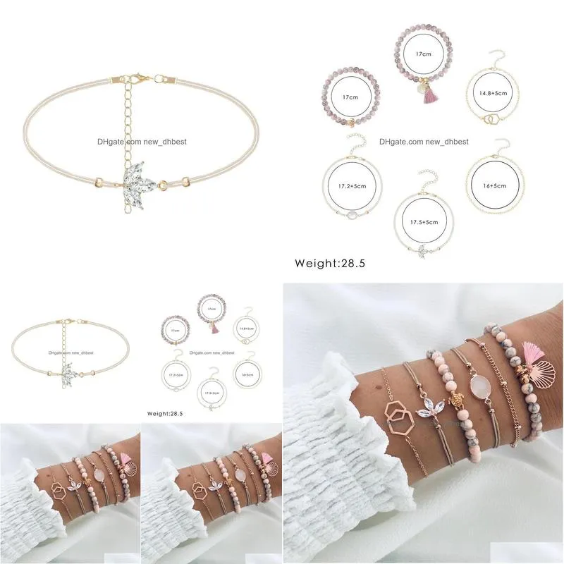 fashion jewelry 6pcs/set bracelet set pink beads beads turtle geometric hollowed chain bracelet