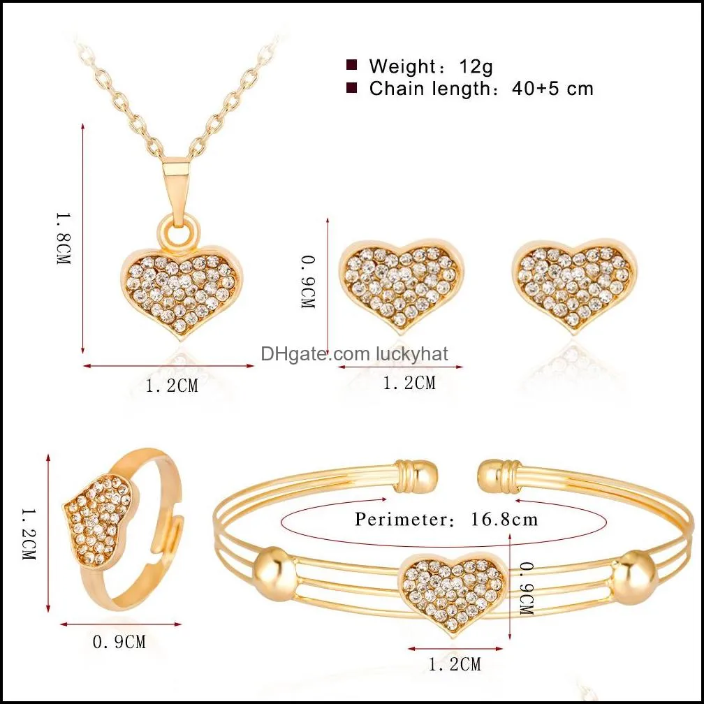 luxury crystal heart jewelry set for women wedding gold love shape pendant necklace stud earrings rings cuff bangle bracelet fashion