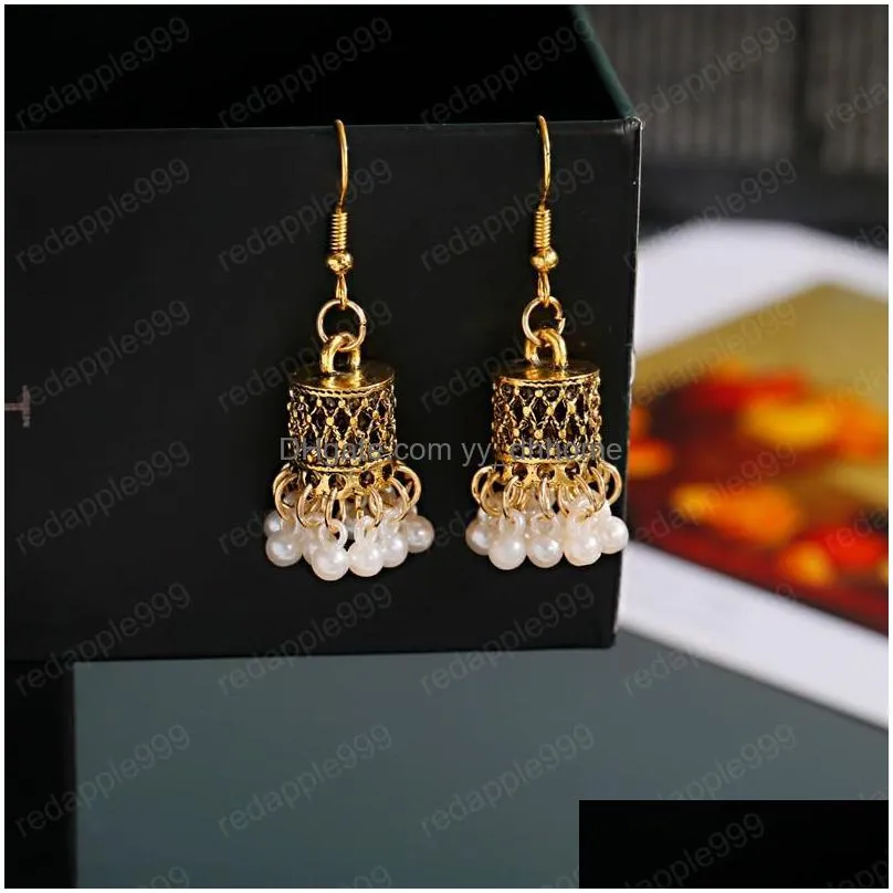 classic gold bell alloy carved indian dangle earrings for women vintage pearl beads tassel dangling earring