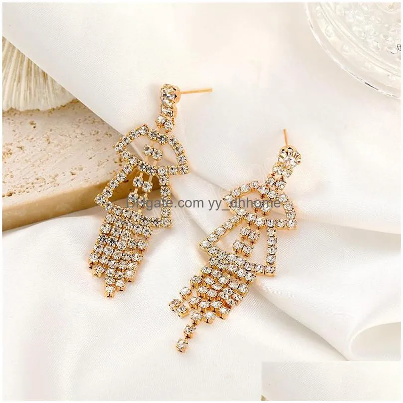 retro long tassel rhinestones dangle earrings for women girls temperament hollow geometric earring jewelry accessories