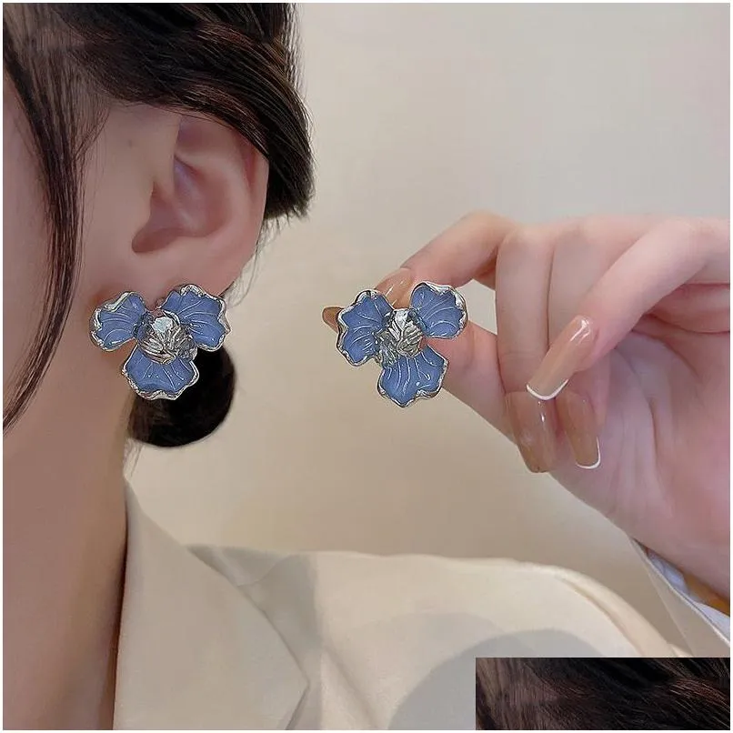 fashion jewelry enamel blue flower stud earrings for women three petal florals earrings