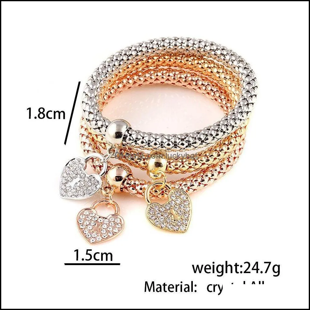 3pcs/set crystal owl crown heart bracelets rhinestone elephant skull music notes butterfly key lock tree of life charm bangle jewelry