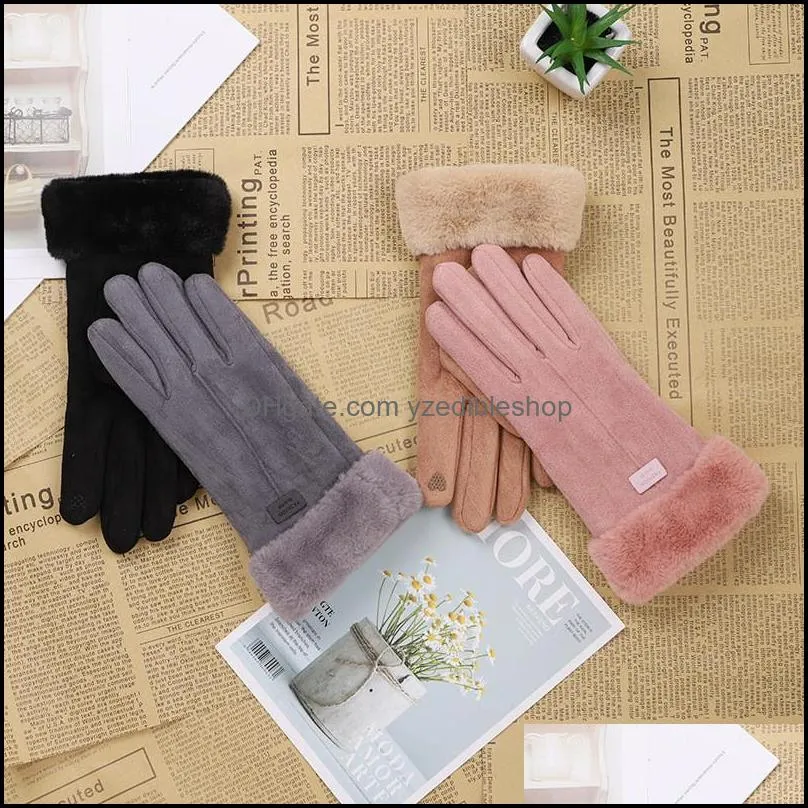 women gloves winter touch screen female suede fuzzy warm full finger gloves lady for outdoor sport driving