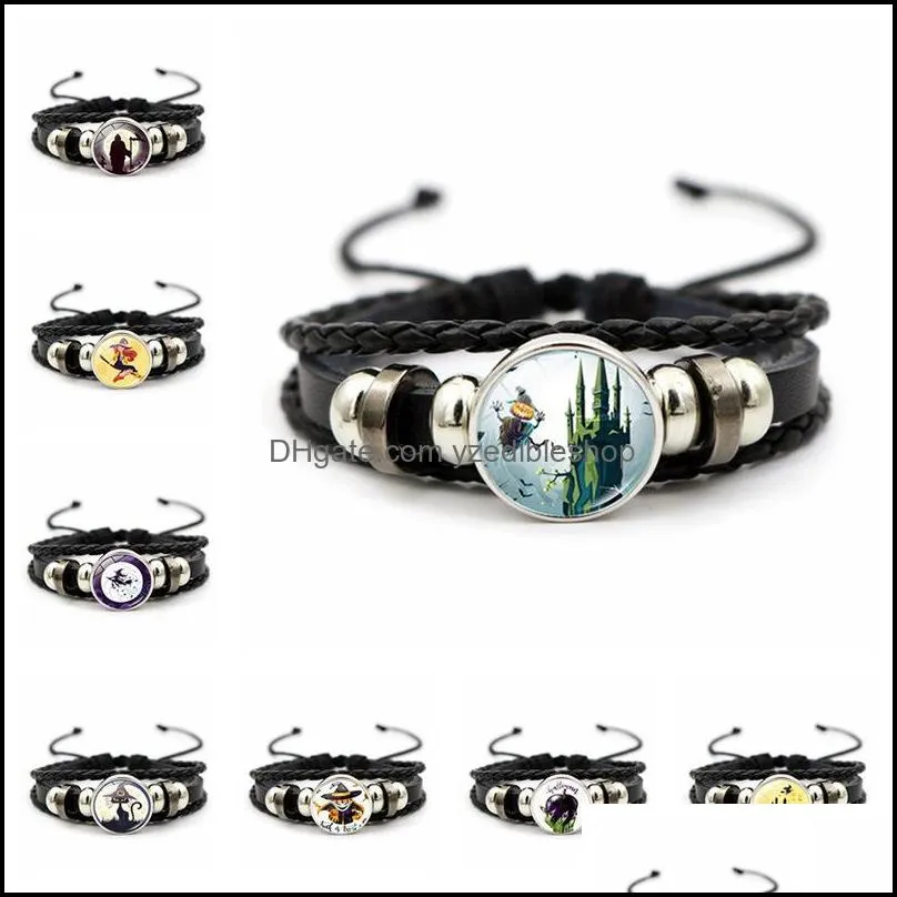 halloween 18mm snap button bracelets for women men witch bat charm braided leather rope bangle fashion diy jewelry gift