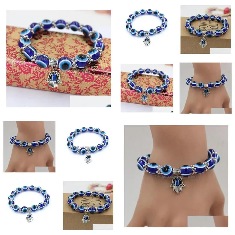 blue evil eye hamsa hand fatima palm beads bracelets for women beads chain vintage jewelry female elastic bracelets