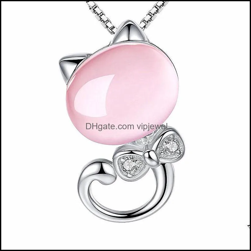 rose gold chains necklaces cute ross quartz pink opal necklace for women jewelry girls children gift cat pendant necklace vipjewel