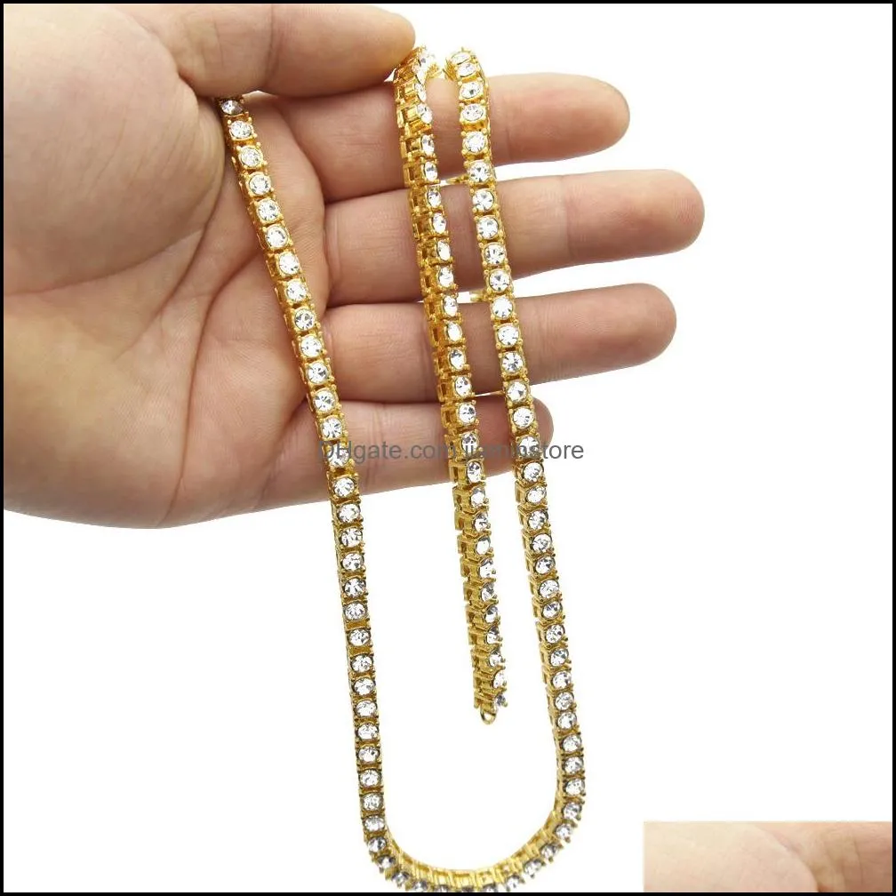 hip hop iced out chains 1 row bling white crystal rhinestone tennis men gold silver plated necklace for rapper fashion hiphop jewelry