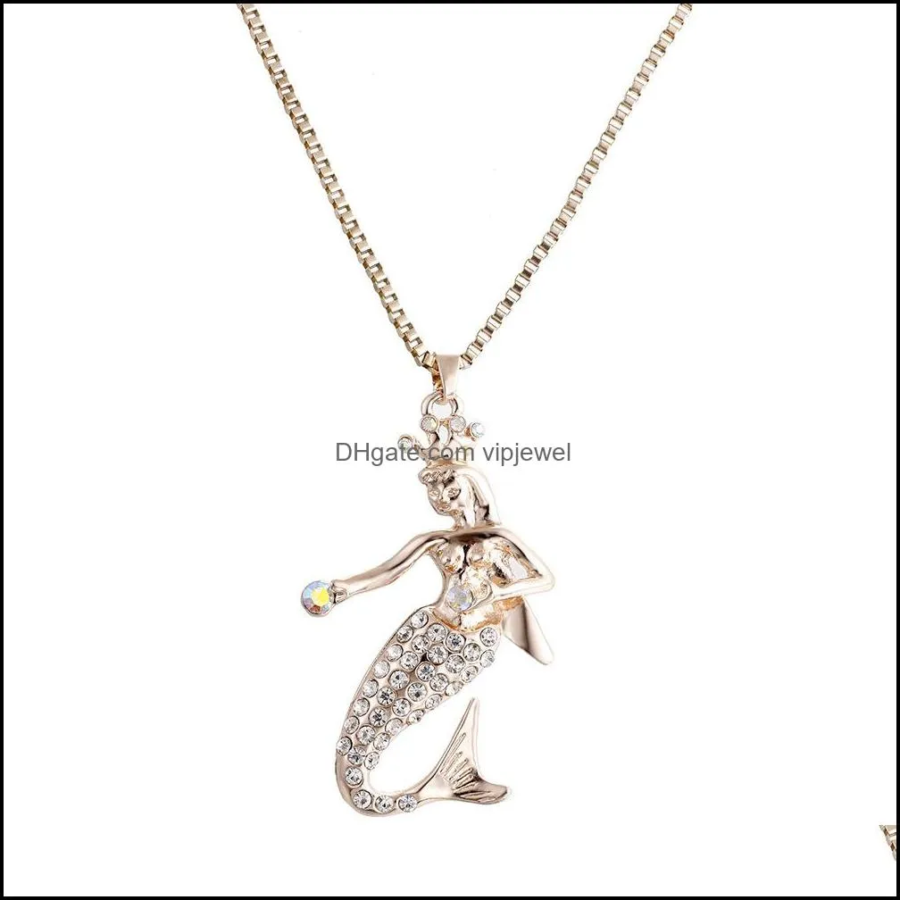 mermaid pendants necklaces for women fashion long chains necklaces enamel crystal necklace beautiful mermaid necklace vipjewel