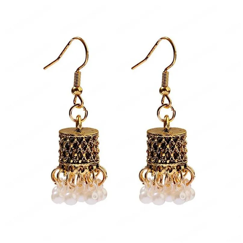 classic gold bell alloy carved indian dangle earrings for women vintage pearl beads tassel dangling earring