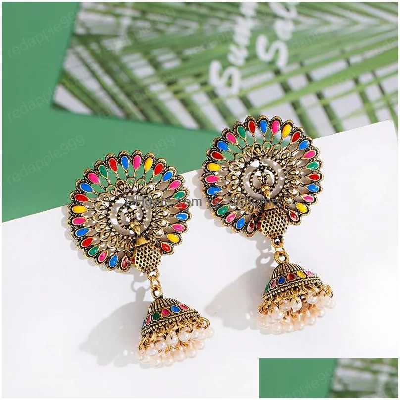 ethnic big round peacock indian antique jhumka dangle earring women vintage bohemian retro pearl tassel bell tibetan earrings