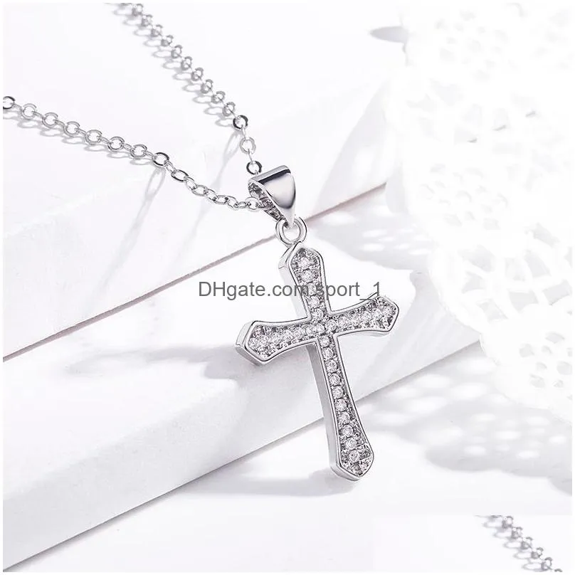 fashion jewelry 14k gold plated diamond jesus cross necklace women men crystal row pendant necklaces