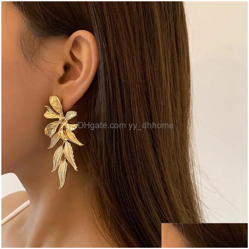 women flower gold leaf dangle earrings european alloy long tassel leaves earring stud for female party gift punk ear drop wearing jewelry