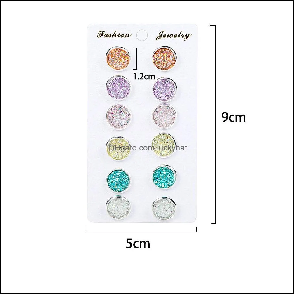 6 pair/set womens shiny resin ear stud with round bling druzy stone for girls cute earrings set 2019 fashion jewelry gift