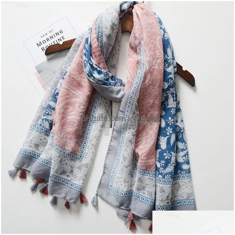 bohemian fashion spring summer women slik scarf sunscreen cotton and linen fleeing scarf big gauze shawls soft beach shawl paisley florals tassels