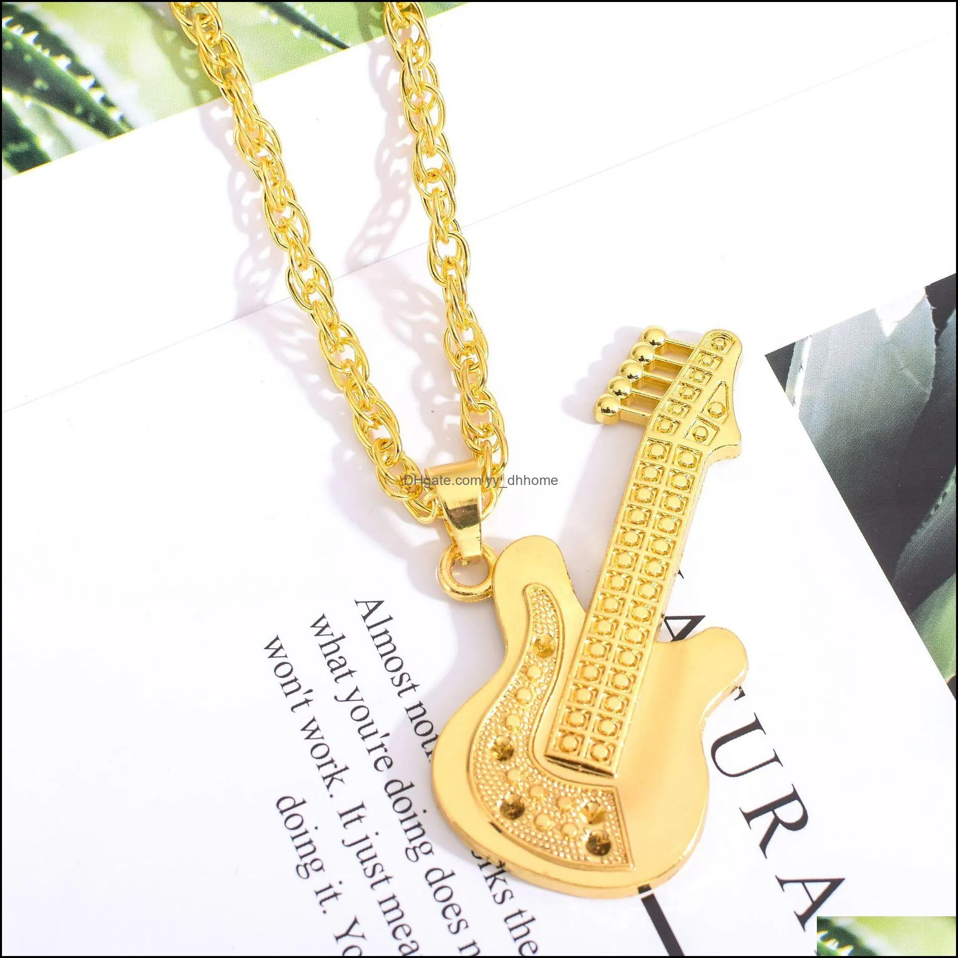 music guitar pendant necklace for men jewelry tone silver/gold color mens yellow gold guitar pendant necklaces hip hop jewelr yydhhome