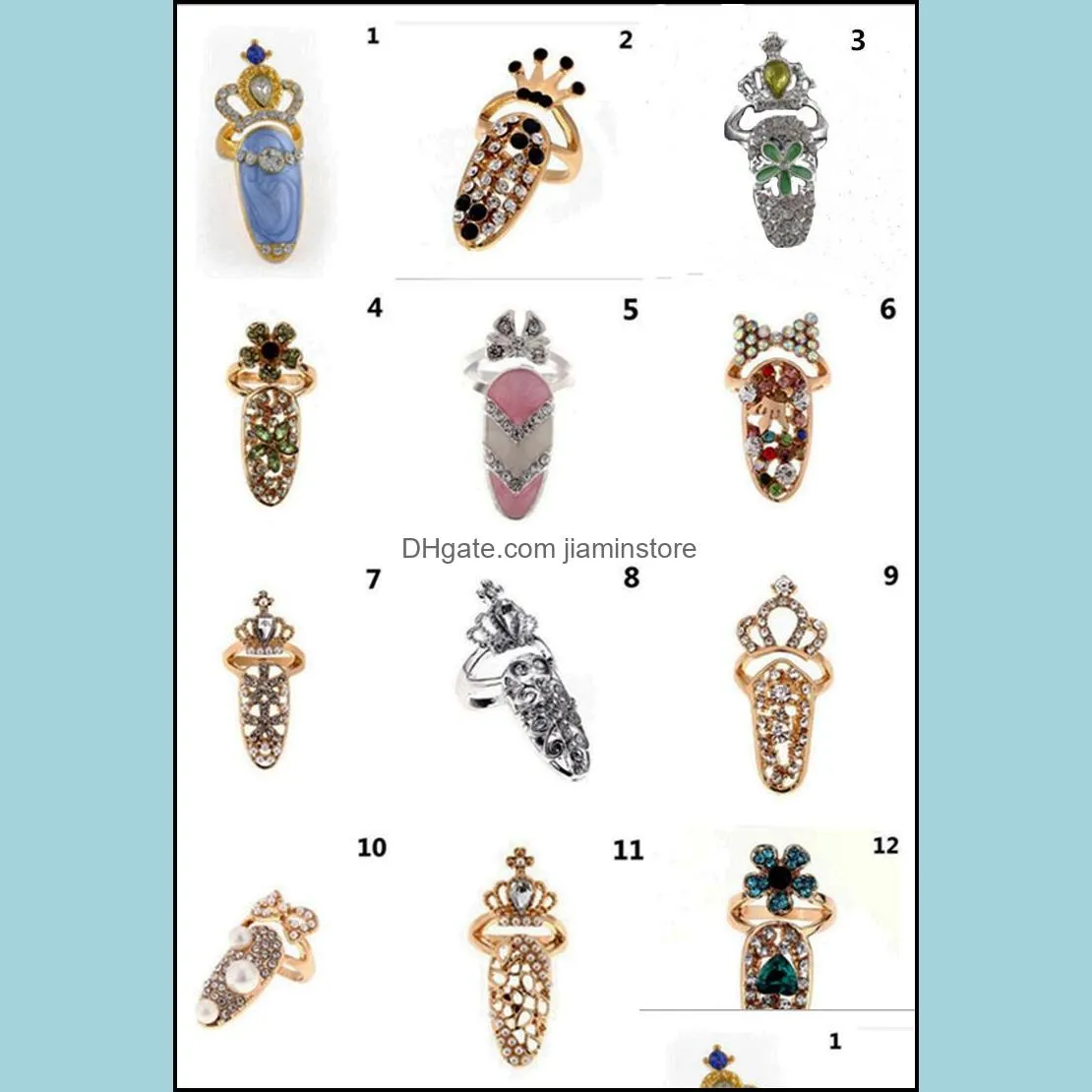 cute rhinestone bowknot finger nail ring for women crown flower crystal personality nail art rings resizable knuckle fashion party