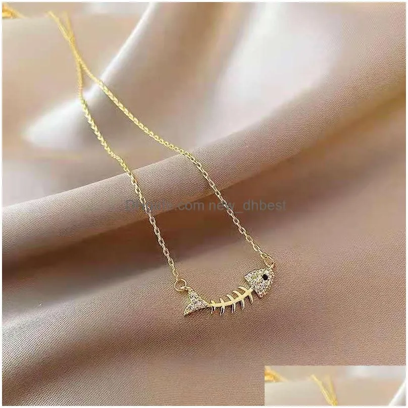 fashion jewelry copper fishbone pendant necklace rhinstone fish choker necklaces