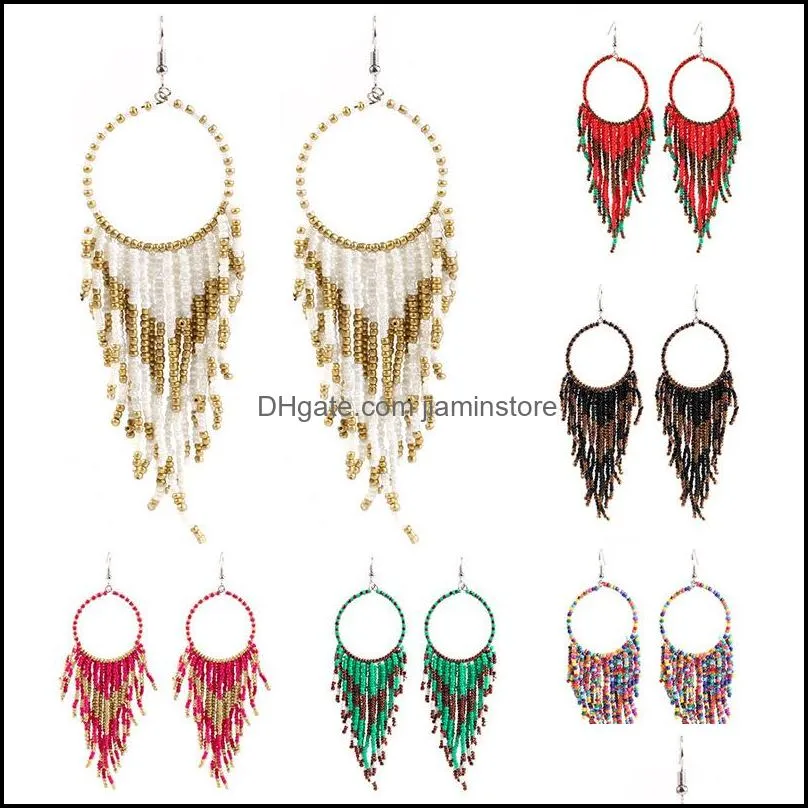  boho ethnic tassel earrings women vintage rice beads long drop dangle silver ear hook for ladies fashion jewelry gift