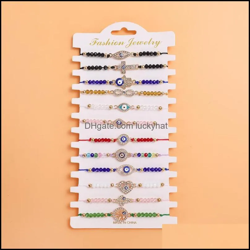 12pcs/set blue evil eye bracelets for women crystal tree hand cross heart turtle charm beads rope string chain adjustable bangle fashion jewelry