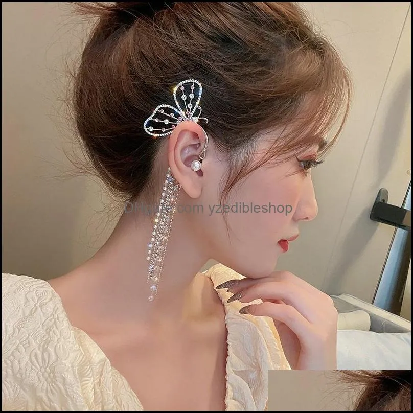 trendy long tassel pearl earrings butterfly ear cuff without pierced ears chain earring women girls jewelry