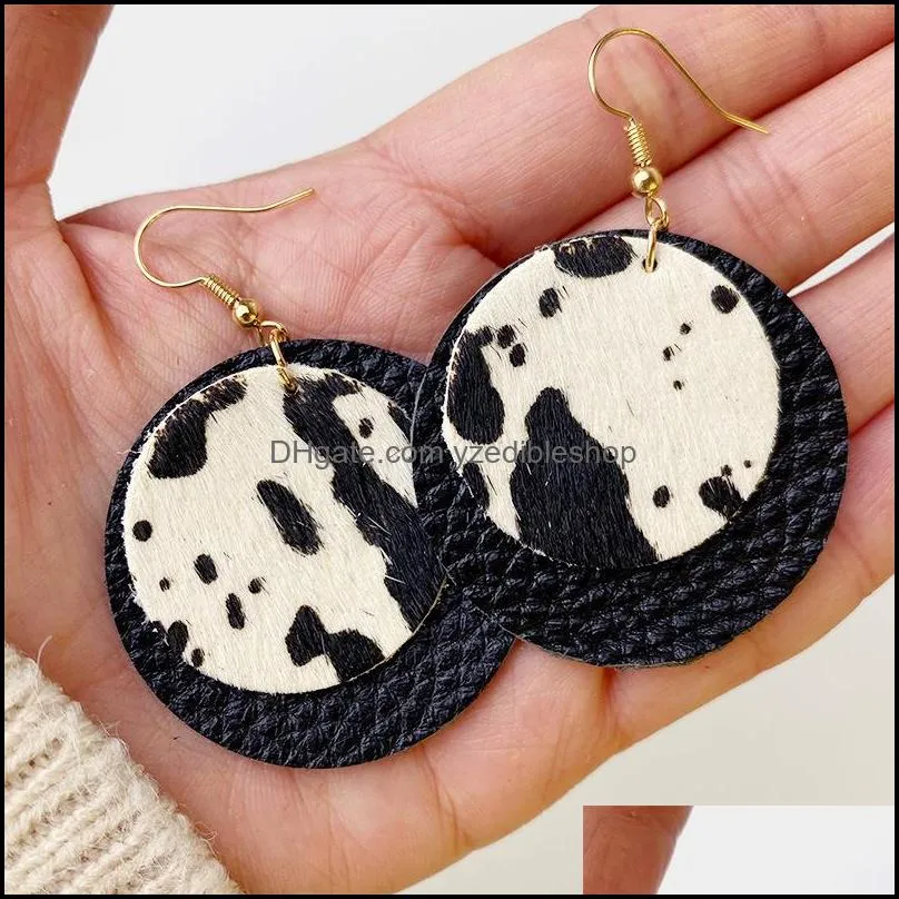 creative genuine cowhide leather dangle earrings for women bull head horse hair cow pattern round star pendant earring jewelry