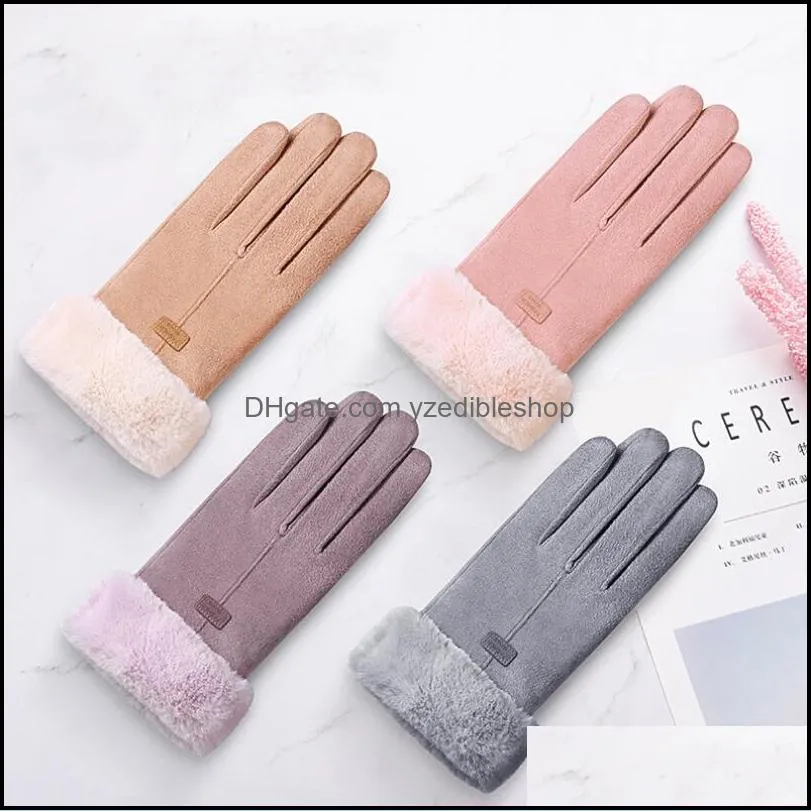 women gloves winter touch screen female suede fuzzy warm full finger gloves lady for outdoor sport driving