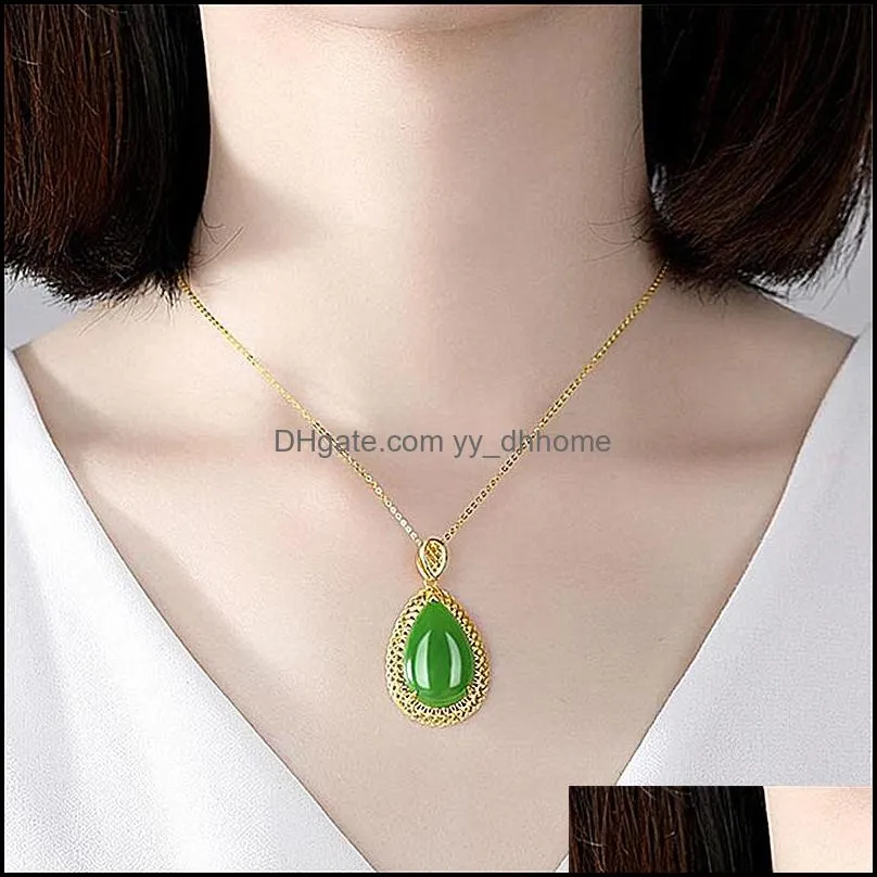 jade necklace natural hetian jade green oval pendant necklace retro unique gold craft charm womens silver jewelry jasper nec yydhhome