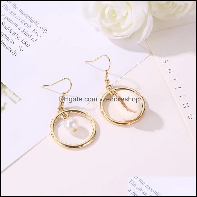 european and american asymmetrical beach conch dangle earrings for women round shell faux pearl drop earrings fashion jewelry gift