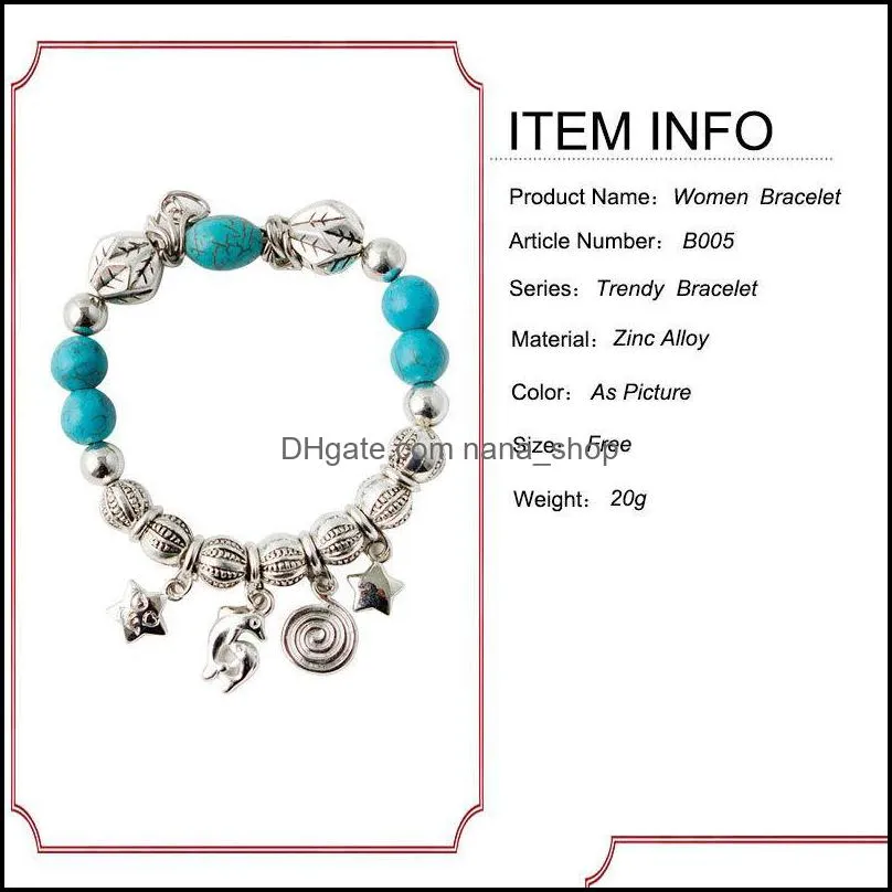 charm bracelets wholesale turquoise silver charm chain link bracelet bangle fashion wristband cuff bead bracelet nanashop