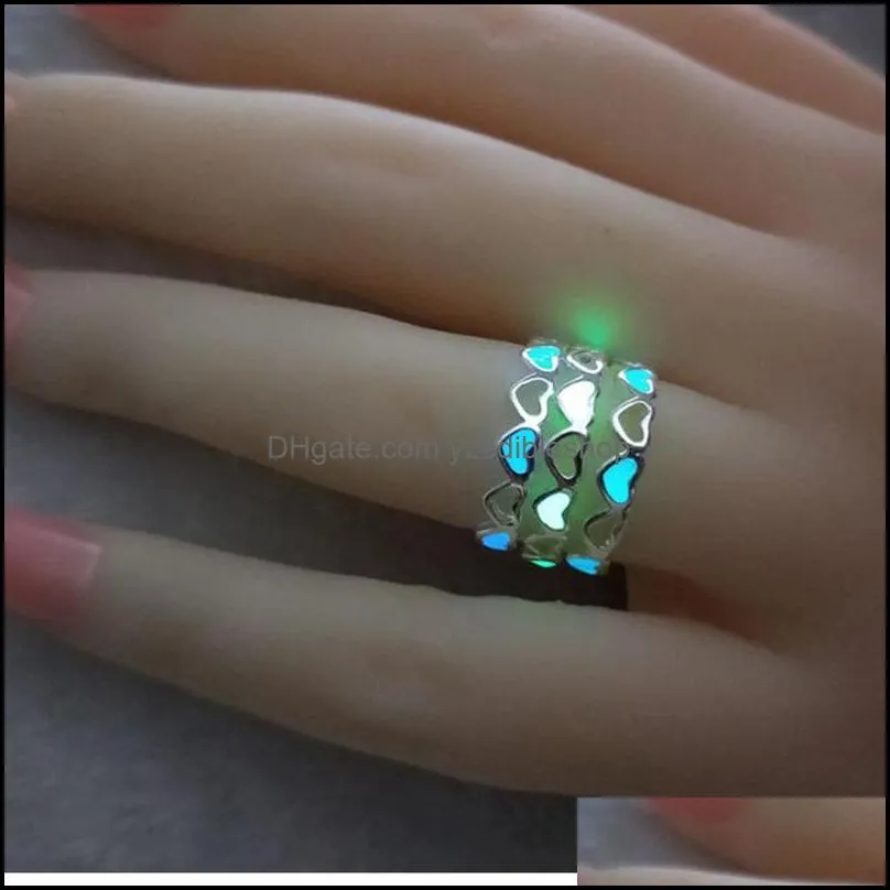 fashion fluorescent open ring for women 3 colors glow in the dark luminous heart cute ring female trendy party jewelry gift