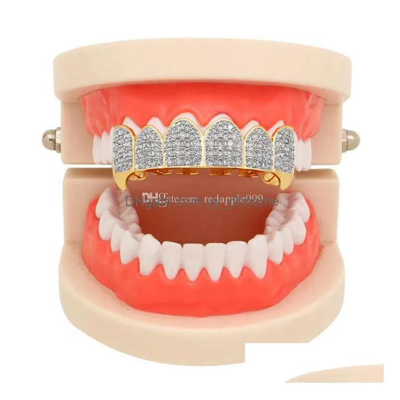 hip hop iced out cz mouth teeth grillz caps top bottom grill set men women vampire grills jewelry gifts