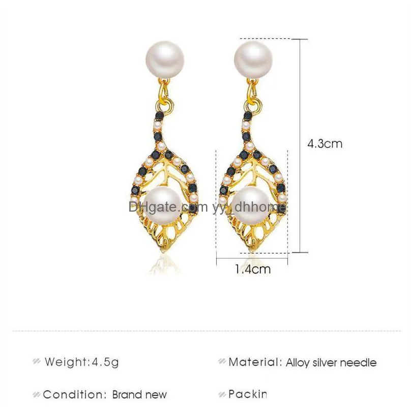 korean women hollow out leaf dangle earrings alloy pearl crystal tassel ear drop lady business wind party gift earring nail jewelry