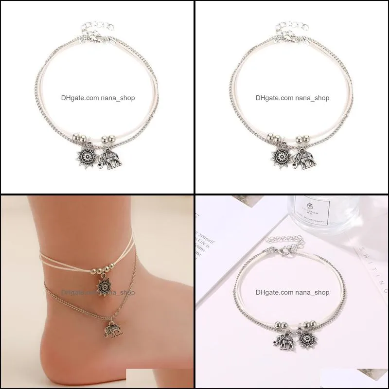 fashion personality retro female models layered sun flower elephant pendant rope chain foot anklet nanashop