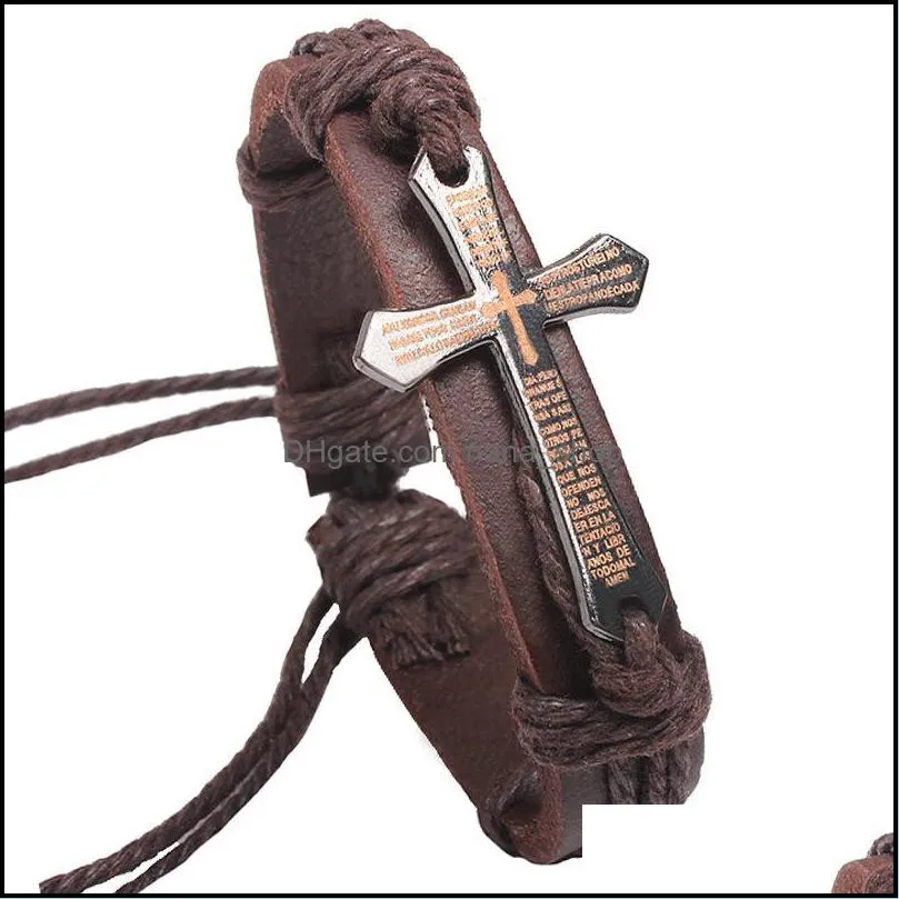 charm bracelet metal cross jesus bracelet adjustable wax cord brown black vintage leather bracelets bangles nanashop