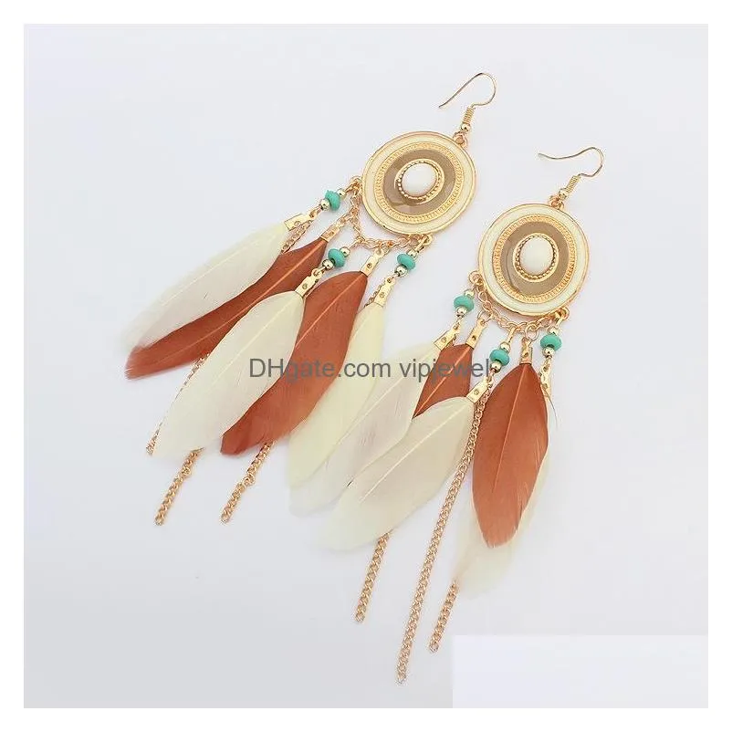 bohemian fashion womens feather tassels long chain dangle earrings romantic female ornaments earrings