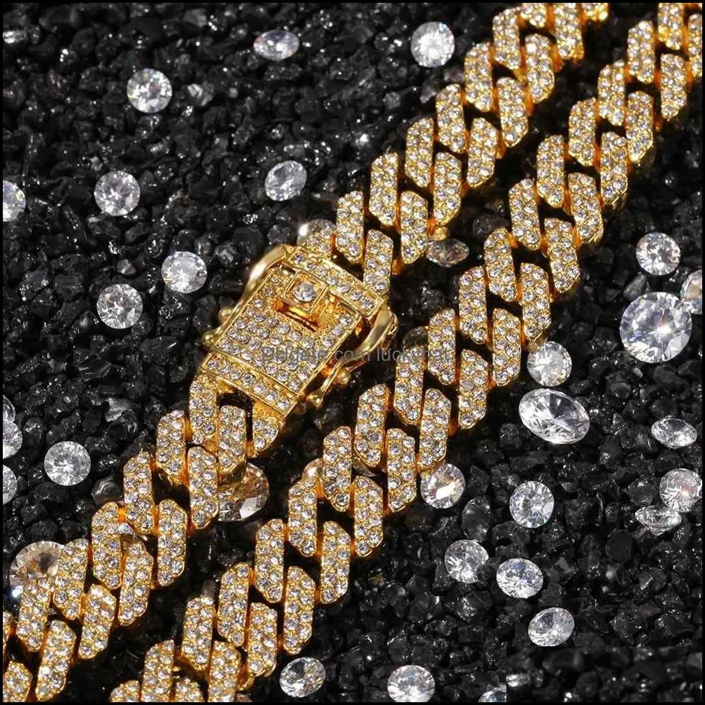 statement necklace 12mm  cuban link chain necklace bracelets set for men bling hip hop iced out diamond gold silver rapper chains wome luckyhatewelry