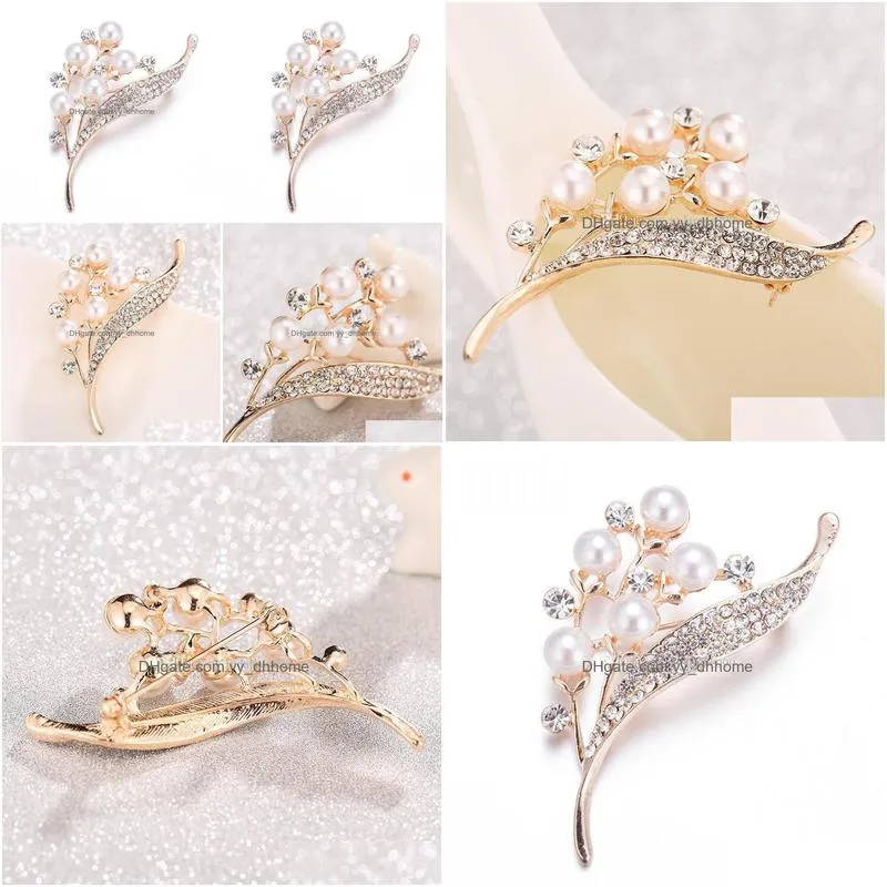 high quality crystal rhinestone pearl flower shape metal brooches rose gold plated brooch pins wedding bridal fashion jewelry