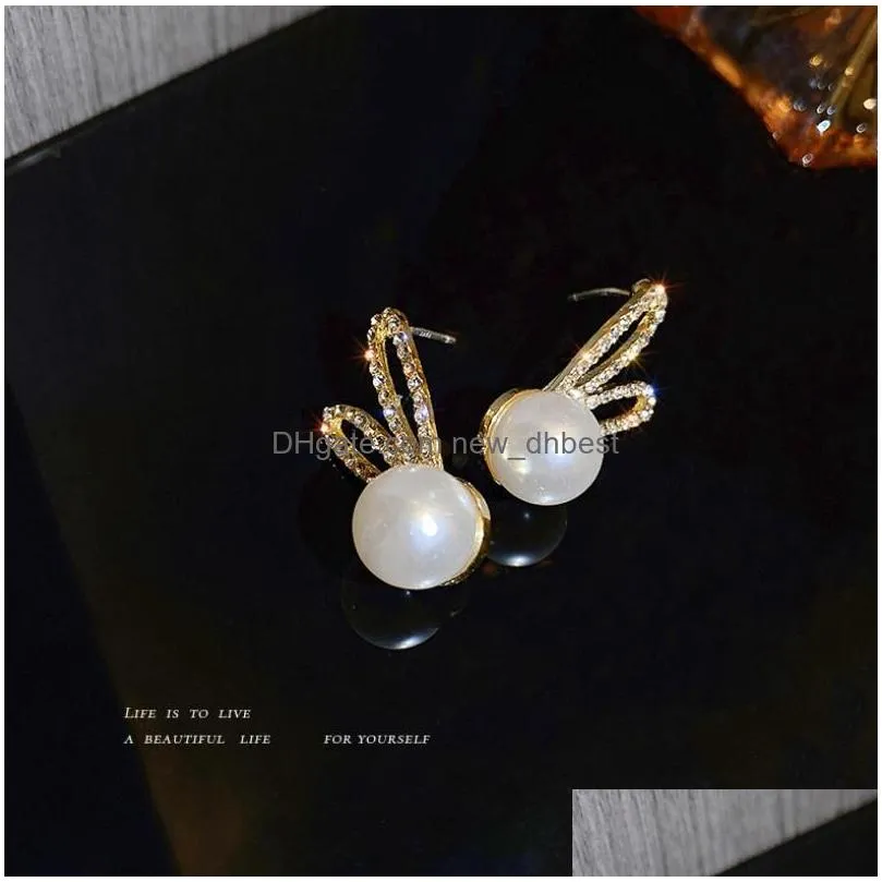 fashion jewelry s925 silver post stud earrings faux pearl cute sweet rhinestone rabbit ear earrings