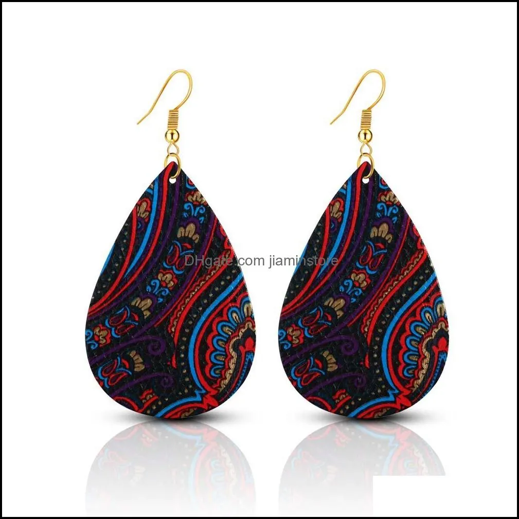 bohemian ethnic printing dangle earrings for women pu leather double sided water drop statement earrings 2019 boho jewelry in bulk