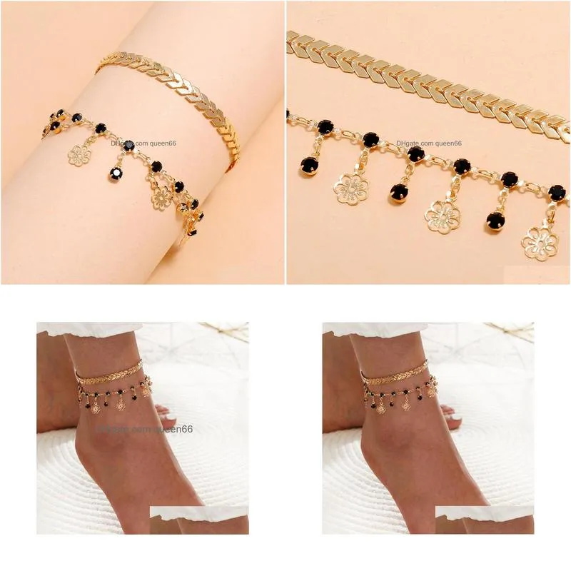 fashion jewelry double layer anklet flowers tassels chain anklet set