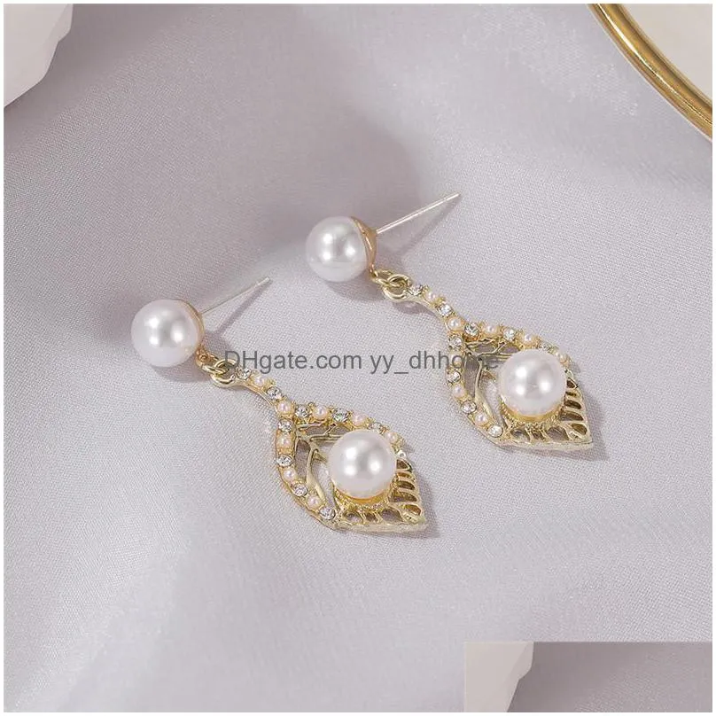 korean women hollow out leaf dangle earrings alloy pearl crystal tassel ear drop lady business wind party gift earring nail jewelry
