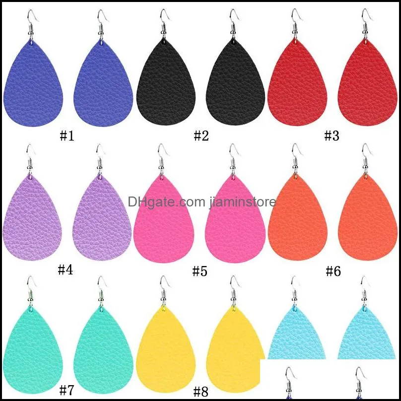 9 colors pu leather teardrop dangle earrings ladies water drop doublesided chandelier silver ear hook for women fashion designer