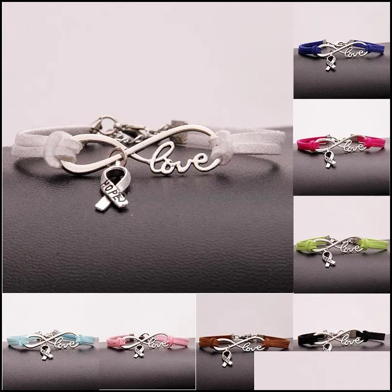 fashion breast cancer awareness hope bracelets for women men ribbon love charm velvet string rope wrap bangle diy handmade jewelry