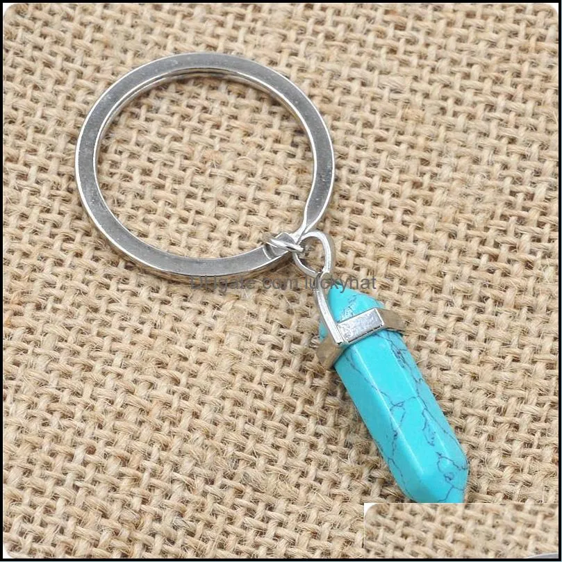 bulk natural stone keychains hexagonal prism bullet quartz point healing crystals chakra key chains diy jewelry accessories