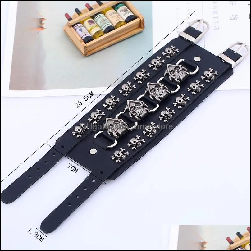 punk unique rock spikes rivet gothic skeleton charm bracelets skull biker wide cuff leather bangle gift