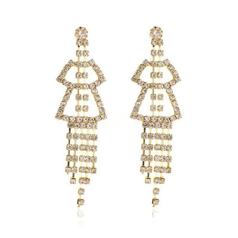 retro long tassel rhinestones dangle earrings for women girls temperament hollow geometric earring jewelry accessories